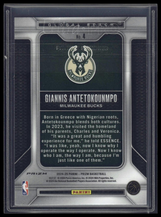 2024-25 Panini Prizm #4 Giannis Antetokounmpo Global Reach Prizms Green