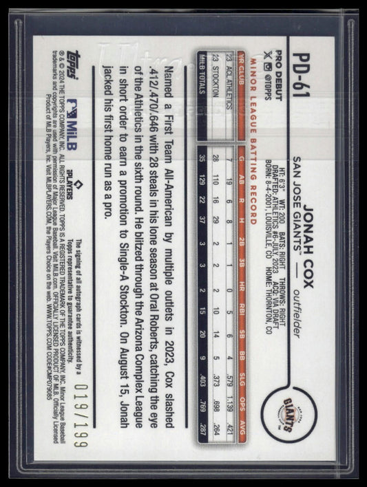 2024 Topps Pro Debut #PD-61 Jonah Cox Autographs Sparkle Foil #/199