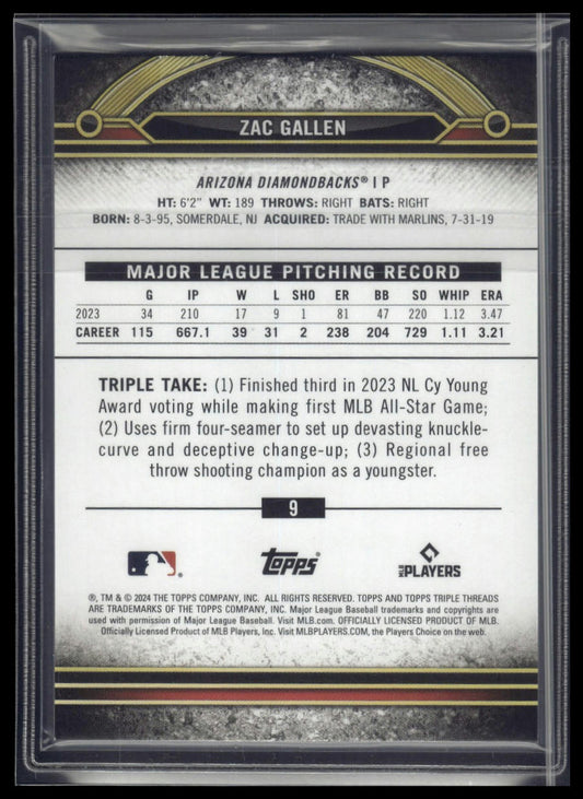 2024 Topps Triple Threads #9 Zac Gallen Amber #/199