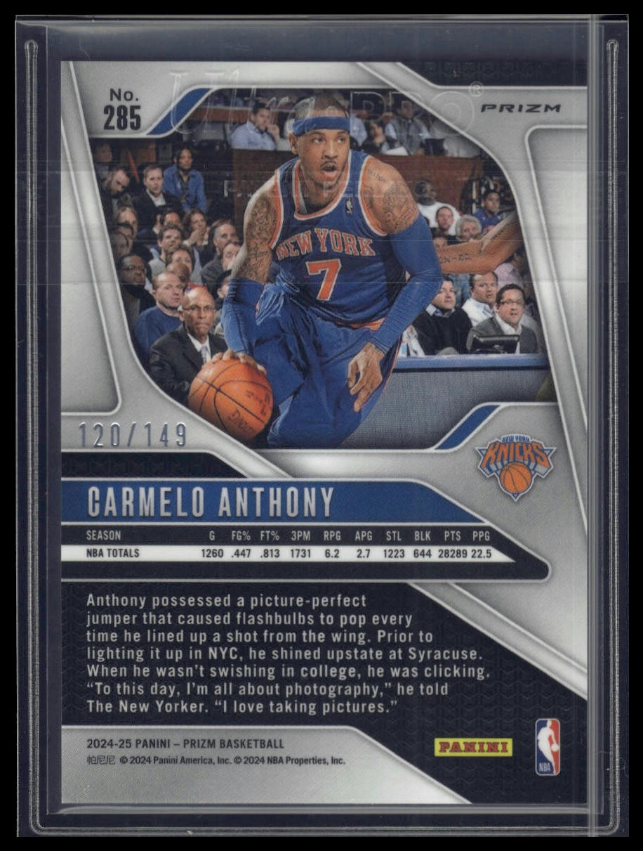 2024-25 Panini Prizm #285 Carmelo Anthony Prizms Purple Ice #/149