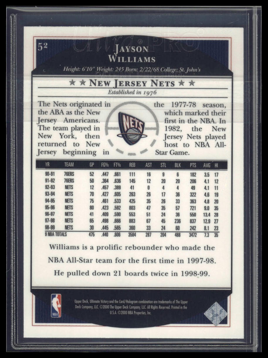 1999-00 Upper Deck Ultimate Victory #52 Jayson Williams