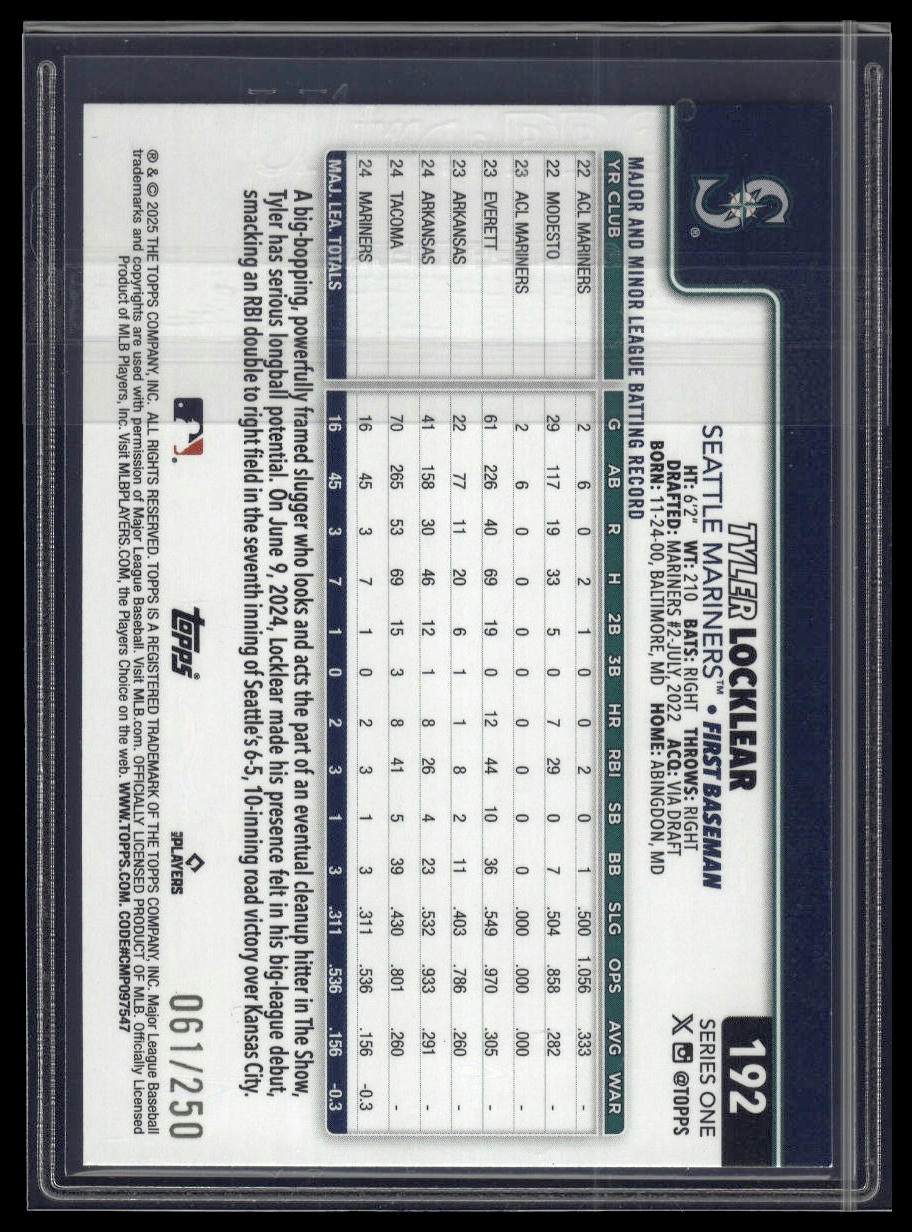 2025 Topps Series 1 #192 Tyler Locklear Purple Rainbow Foil #/250