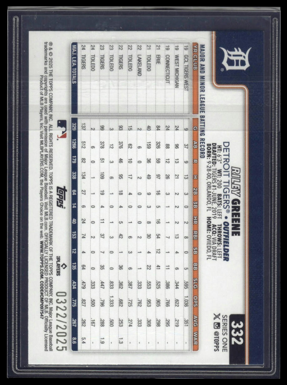 2025 Topps #332 Riley Greene Gold #/2025