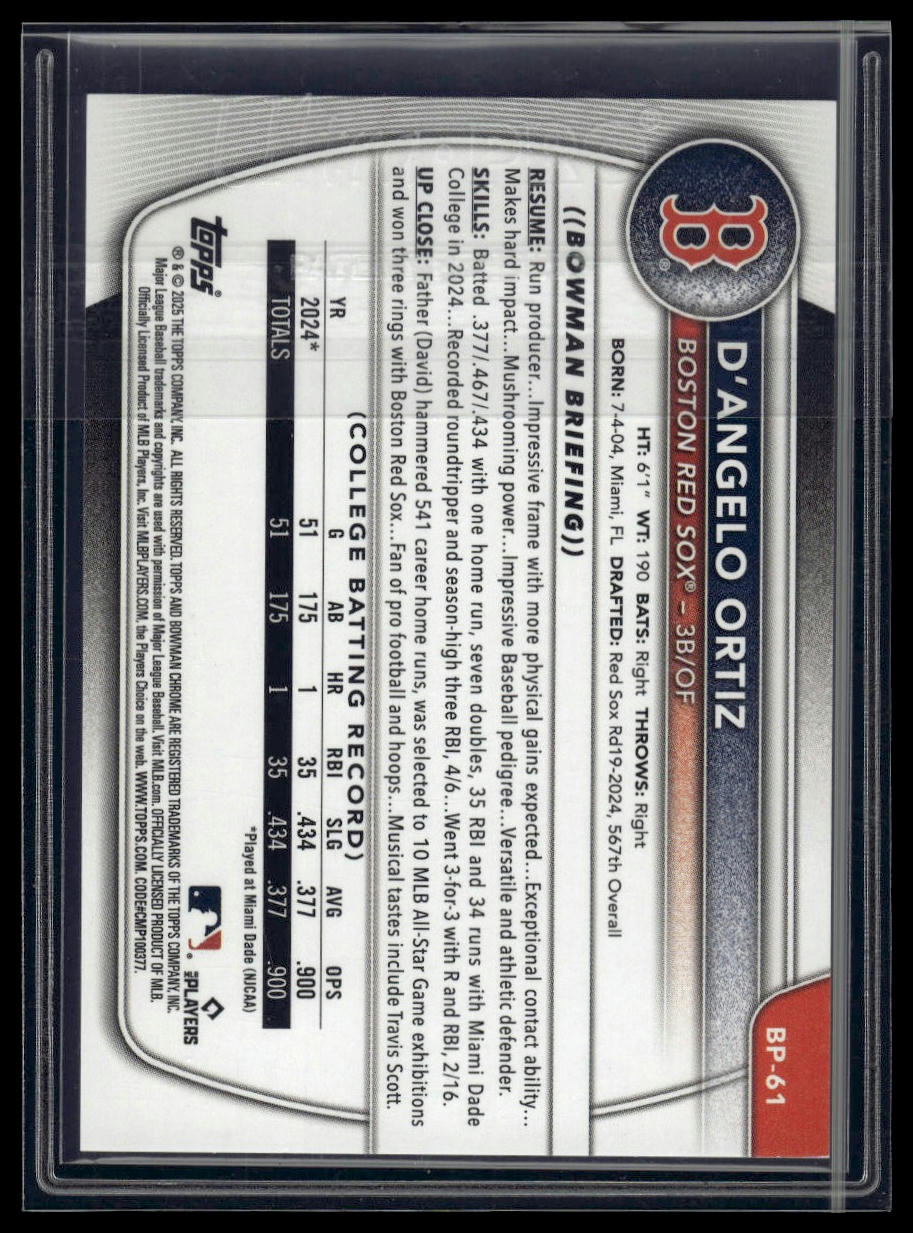 2025 Bowman #BP-61 D'Angelo Ortiz Prospects Purple #/250