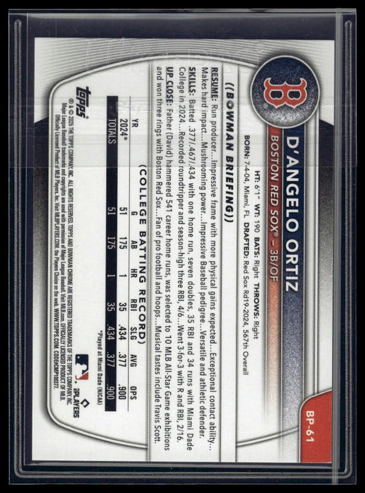 2025 Bowman #BP-61 D'Angelo Ortiz Prospects Purple #/250