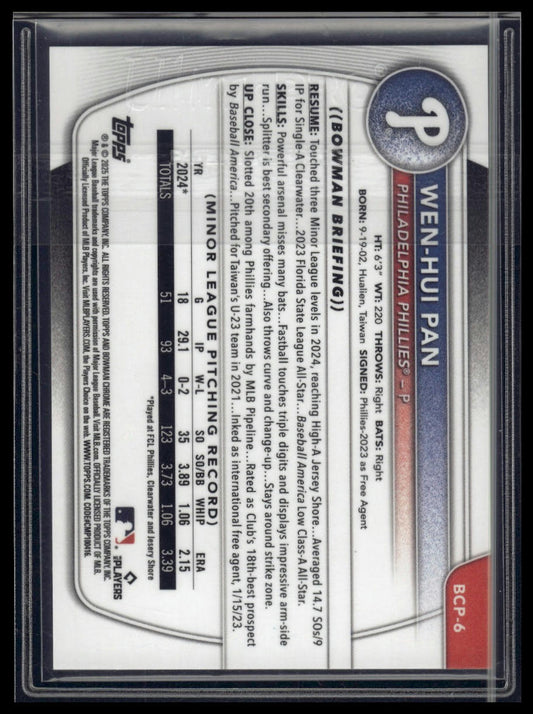 2025 Bowman #BCP-6 Wen-Hui Pan Chrome Prospects Reptilian Blue Refractor #/150