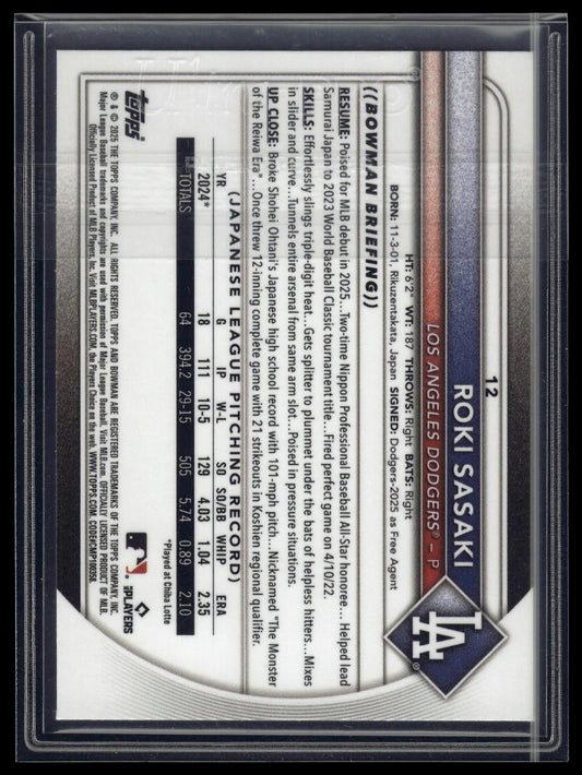 2025 Bowman #12 Roki Sasaki Bowman Chrome Red Rookie Logo