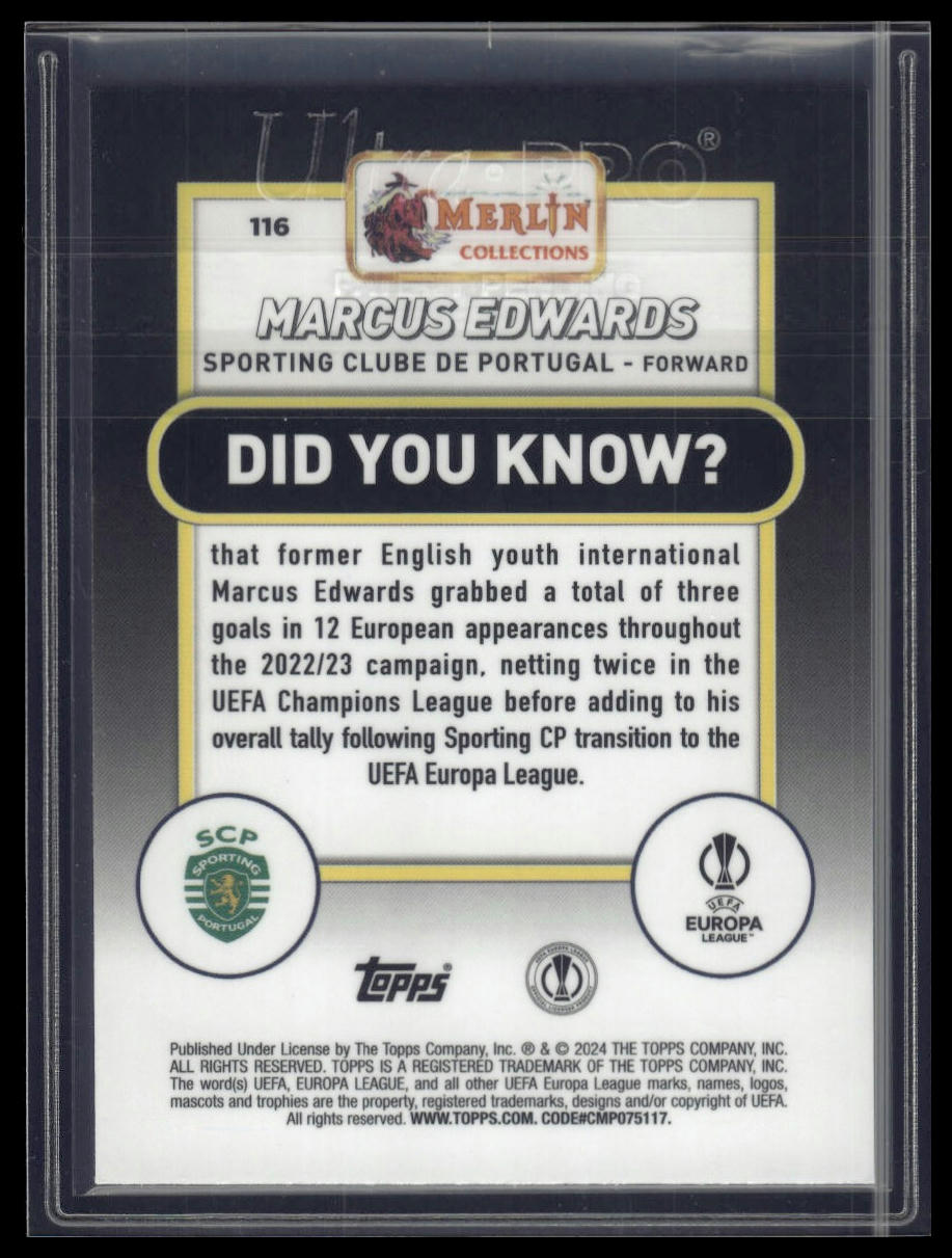 2023-24 Merlin UEFA Club Competitions #116 Marcus Edwards Yellow Shimmer /175