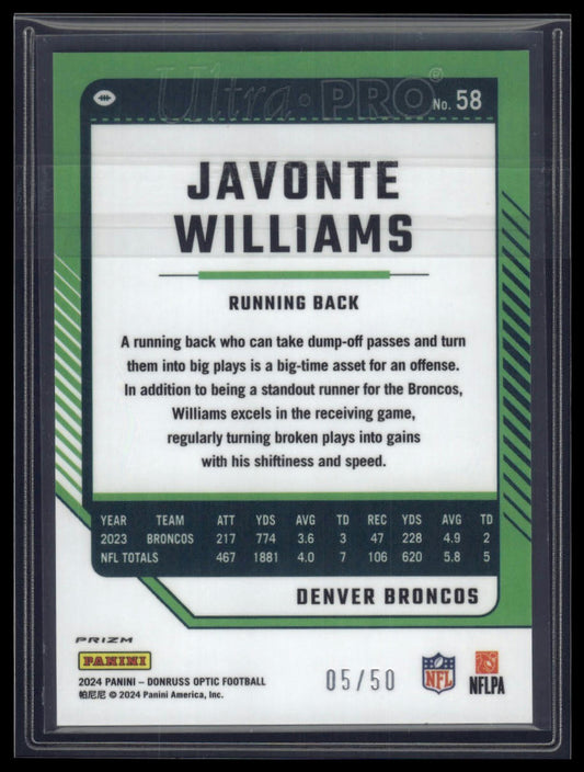 2024 Donruss Optic #58 Javonte Williams Lime Green #/50