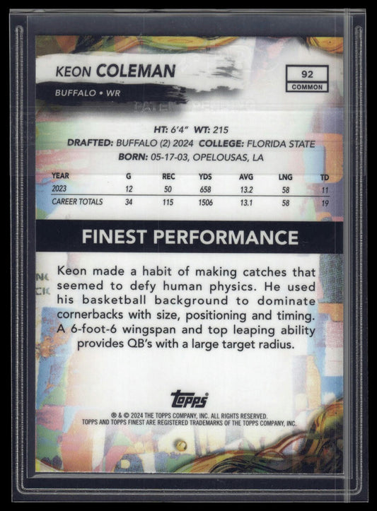 2024 Finest #92 Keon Coleman Blue Refractor #/200