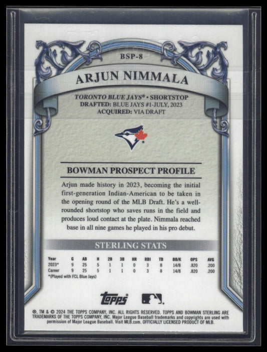 2024 Bowman Sterling #BSP-8 Arjun Nimmala Speckle Refractor #/99