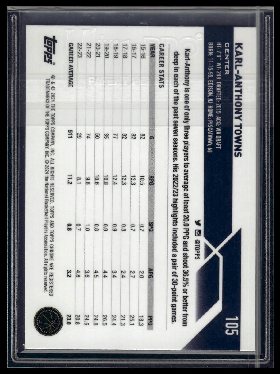 2023-24 Topps Chrome #105 Karl-Anthony Towns Purple Refractors #/349