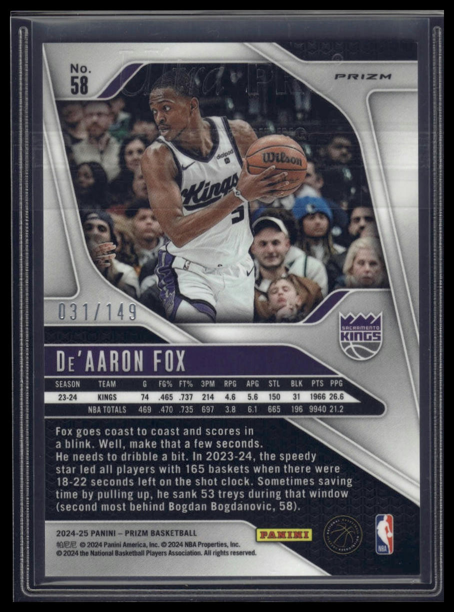 2024-25 Panini Prizm #58 De'Aaron Fox Prizms Purple #/99