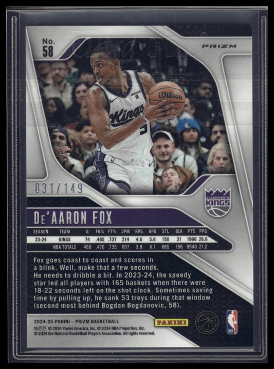 2024-25 Panini Prizm #58 De'Aaron Fox Prizms Purple #/99