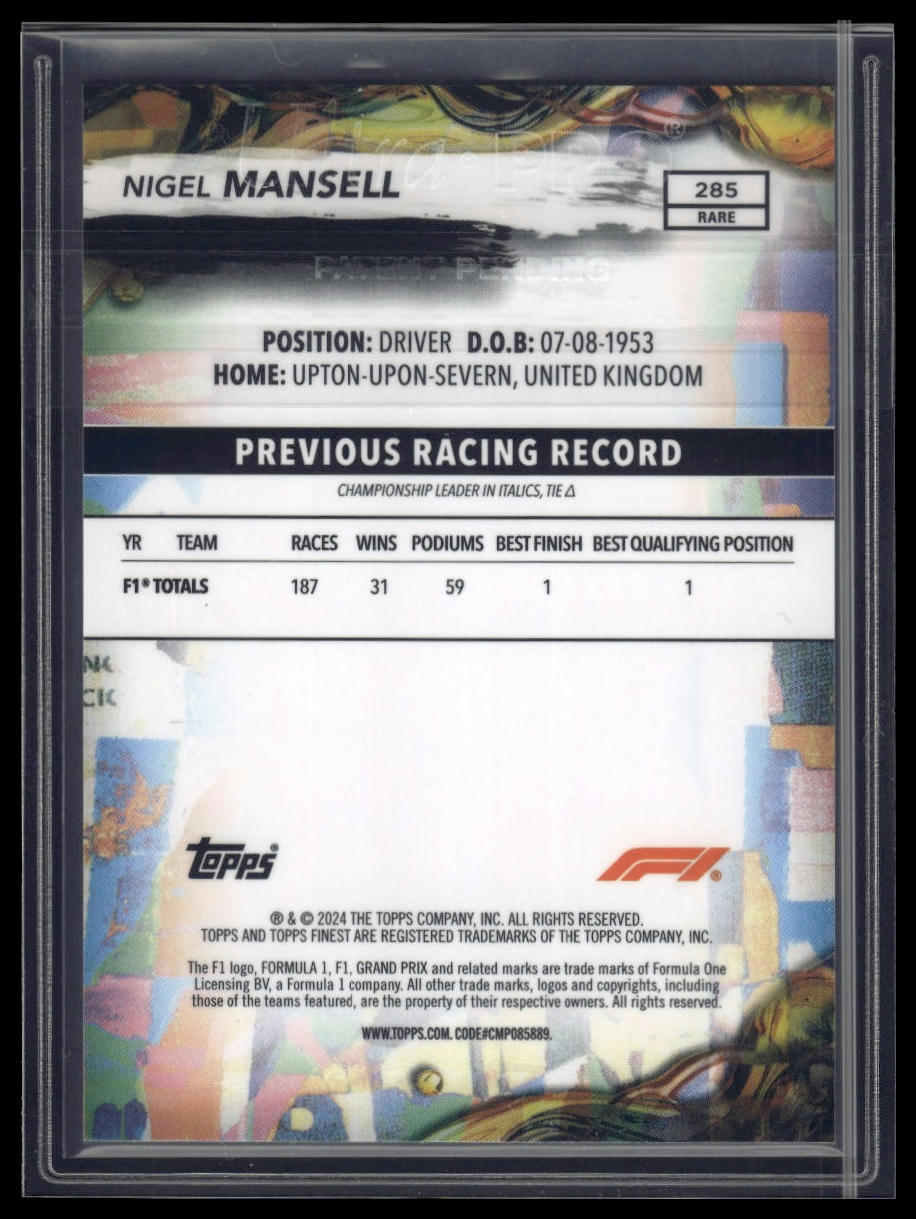 2024 Topps Finest Formula 1 #285 Nigel Mansell Gold Refractors #/20