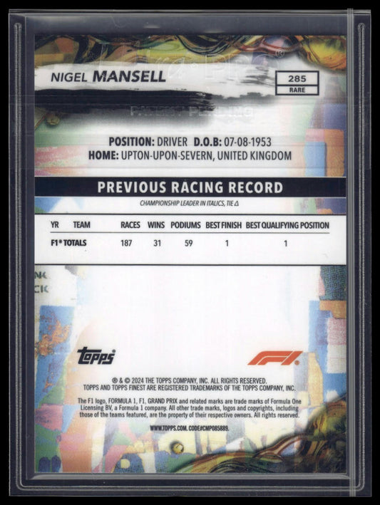 2024 Topps Finest Formula 1 #285 Nigel Mansell Gold Refractors #/20