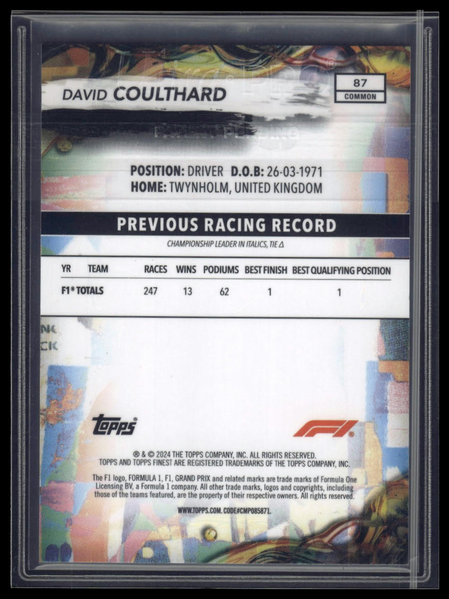 2024 Topps Finest Formula 1 #87 David Coulthard Gold Refractors #/50