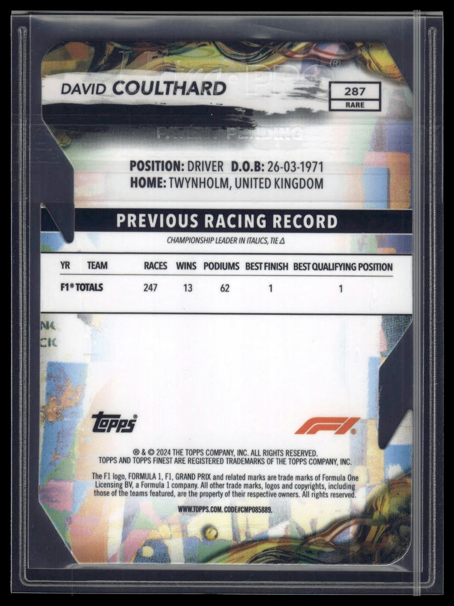 2024 Topps Finest Formula 1 #287 David Coulthard Refractors Die Cut #/40