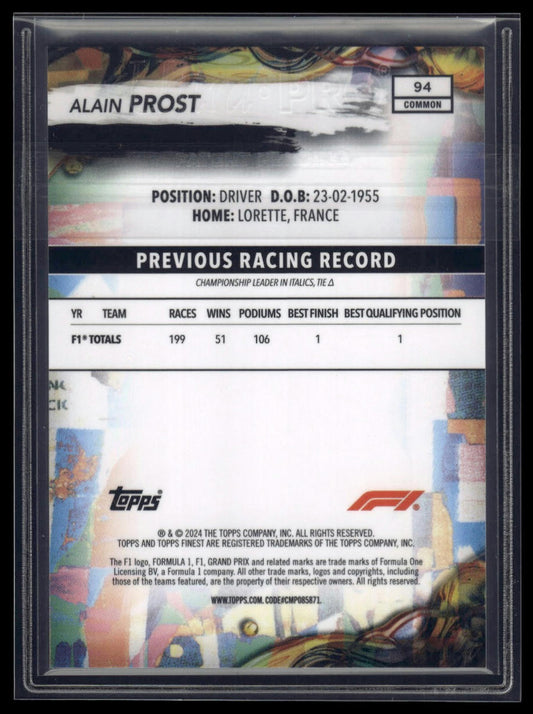 2024 Topps Finest Formula 1 #94 Alain Prost Blue Refractors #/200