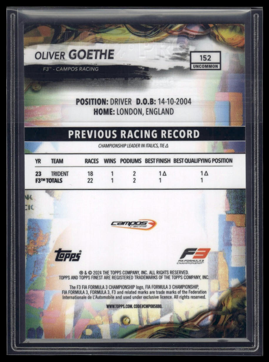 2024 Topps Finest Formula 1 #152 Oliver Goethe Blue Refractors #/150