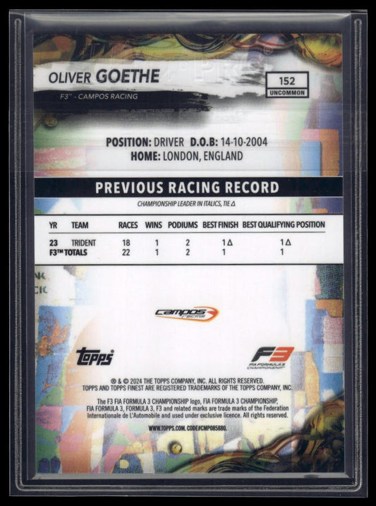 2024 Topps Finest Formula 1 #152 Oliver Goethe Blue Refractors #/150