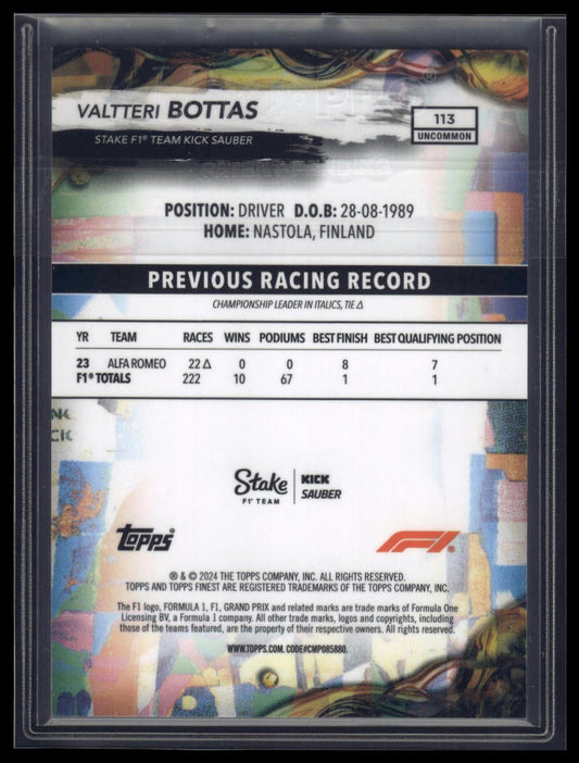 2024 Topps Finest Formula 1 #113 Valtteri Bottas Blue Refractors #/150