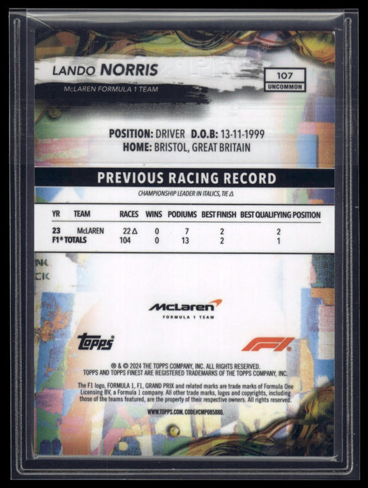 2024 Topps Finest Formula 1 #107 Lando Norris Blue Refractors #/150