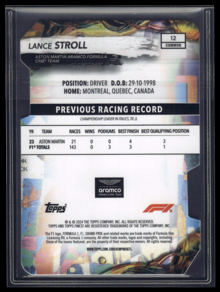 2024 Topps Finest Formula 1 #12 Lance Stroll Refractors Die Cut #/99