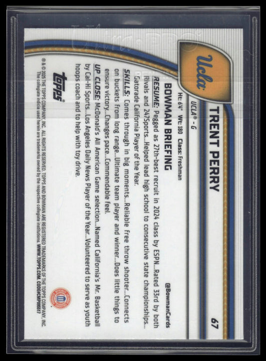 2024-25 Bowman University Chrome #67 Trent Perry Aqua Wave Refractor #/299