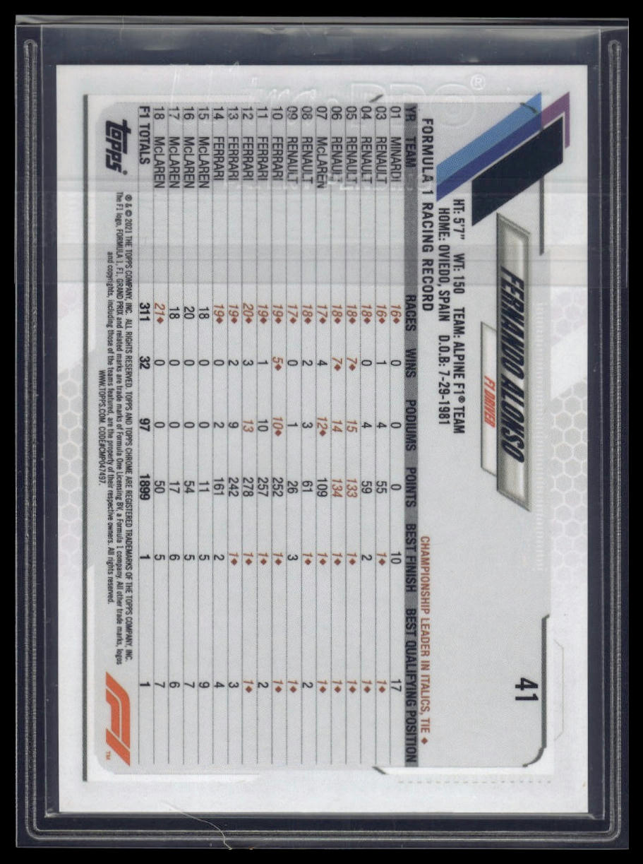 2021 Topps Chrome Formula 1 #41 Fernando Alonso Black & White RayWave Refractor