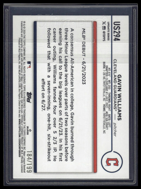 2024 Topps Update #US294 Gavin Williams Red Crackle Foilboard #/199
