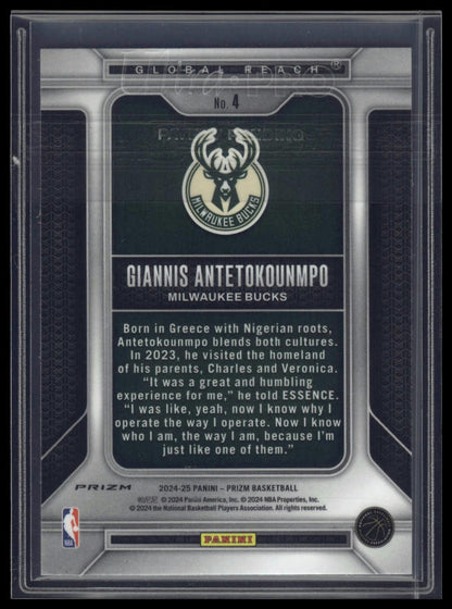 2024-25 Panini Prizm #4 Giannis Antetokounmpo Global Reach Prizms Green