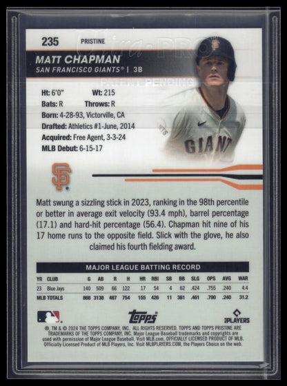 2024 Topps Pristine #235 Matt Chapman Pristine Purple Refractors #/99