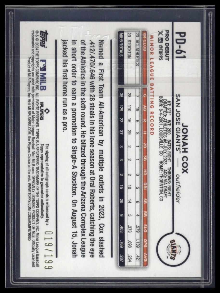 2024 Topps Pro Debut #PD-61 Jonah Cox Autographs Sparkle Foil #/199