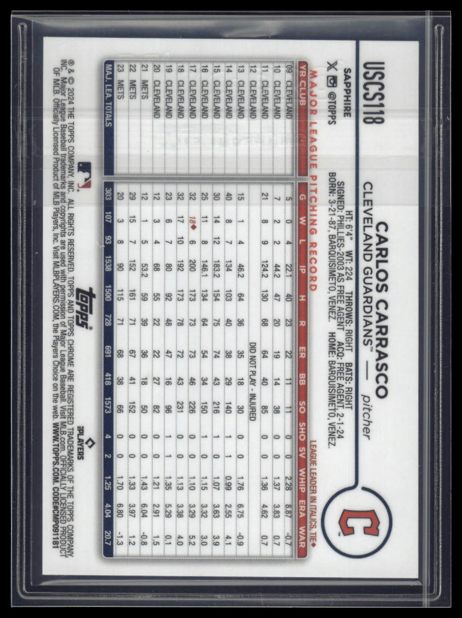 2024 Topps Chrome Update Sapphire Edition Carlos Carrasco Gold Refractor #/50