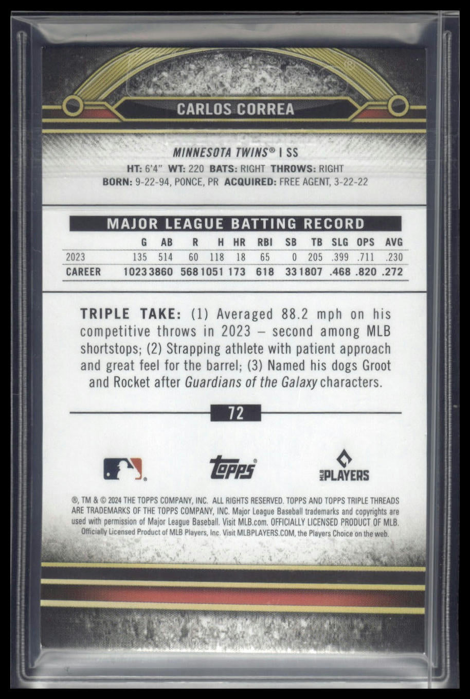 2024 Topps Triple Threads #72 Carlos Correa Tourmaline #/125