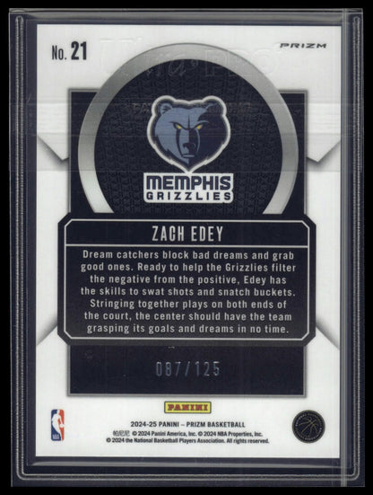 2024-25 Panini Prizm #21 Zach Edey Talismen Prizms Blue Ice #/125