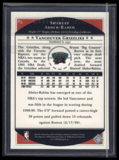 1999-00 Upper Deck Ultimate Victory #85 Shareef Abdur-Rahim