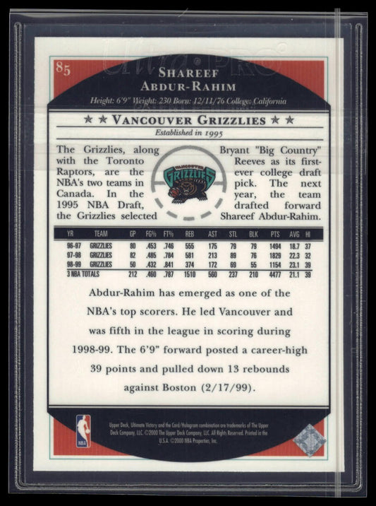 1999-00 Upper Deck Ultimate Victory #85 Shareef Abdur-Rahim