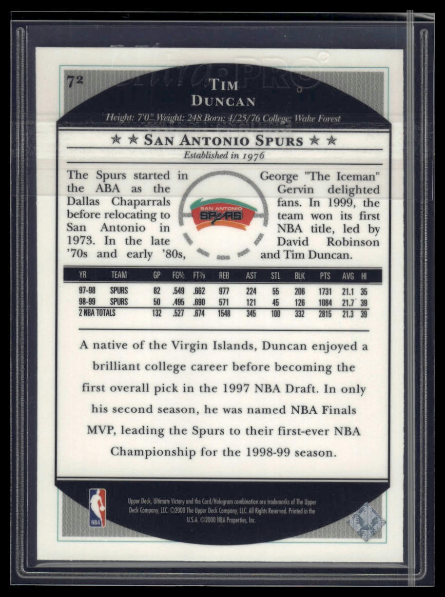 1999-00 Upper Deck Ultimate Victory #72 Tim Duncan