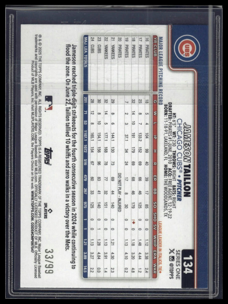 2025 Topps #134 Jameson Taillon Spring Training Green Foilboard #/99