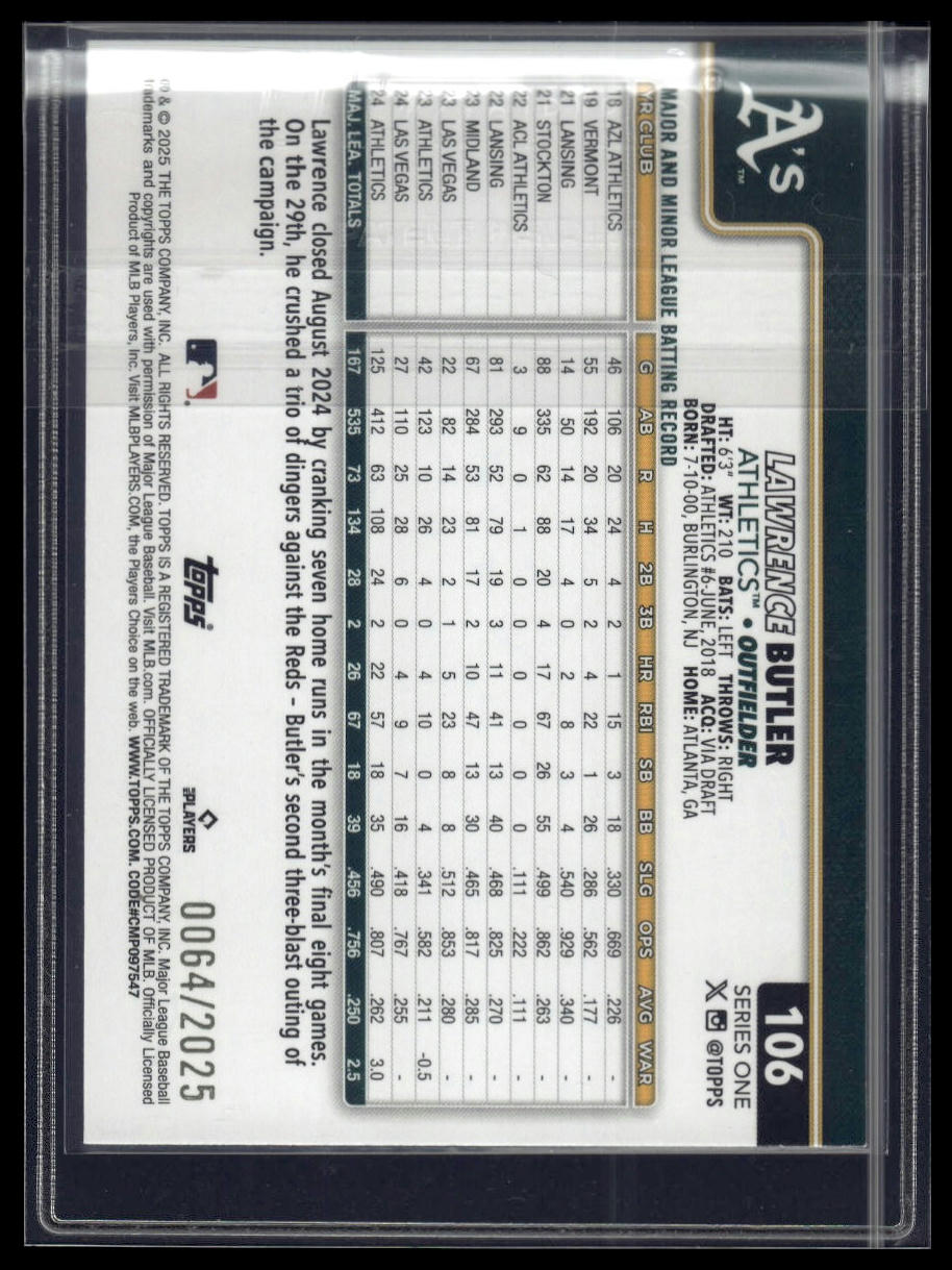 2025 Topps Series 1 #106 Lawrence Butler Gold #/2025