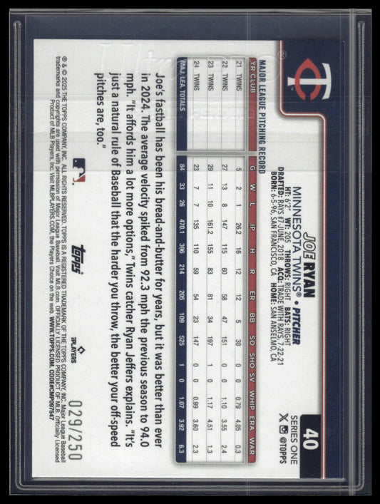 2025 Topps #40 Joe Ryan Purple Rainbow Foil #/250
