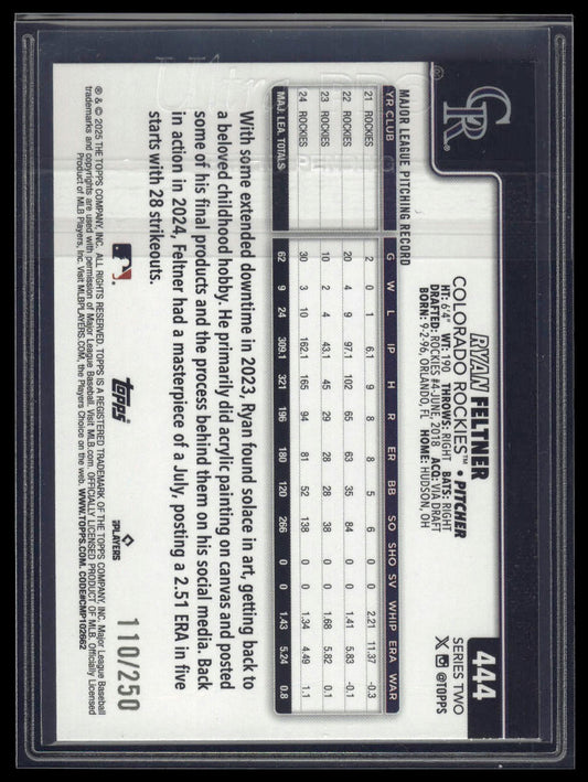 2025 Topps #444 Ryan Feltner Purple Rainbow Foil #/250