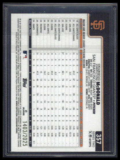 2025 Topps #357 Trevor McDonald Gold #/2025
