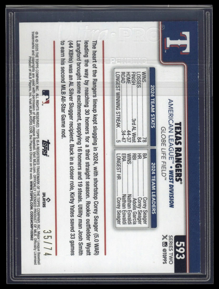 2025 Topps Series 1 #593 Texas Rangers Back /74