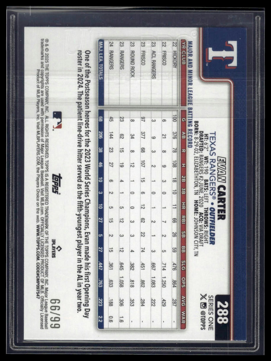 2025 Topps #288 Evan Carter Green Rainbow Foil #/99