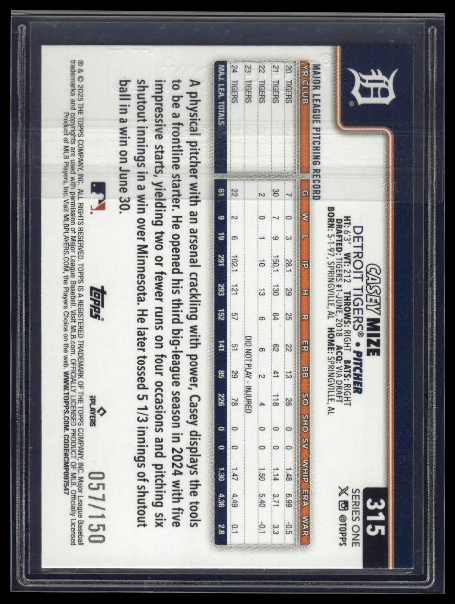 2025 Topps #315 Casey Mize Blue Rainbow Foil #/150