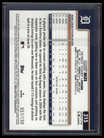 2025 Topps #315 Casey Mize Blue Rainbow Foil #/150