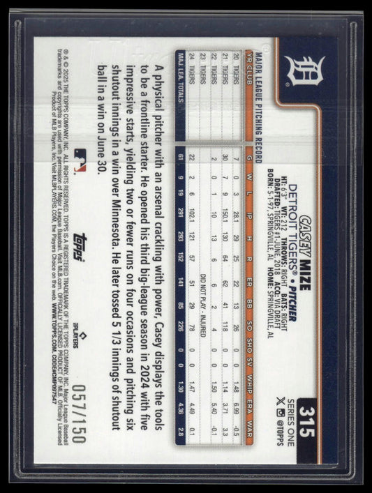 2025 Topps #315 Casey Mize Blue Rainbow Foil #/150